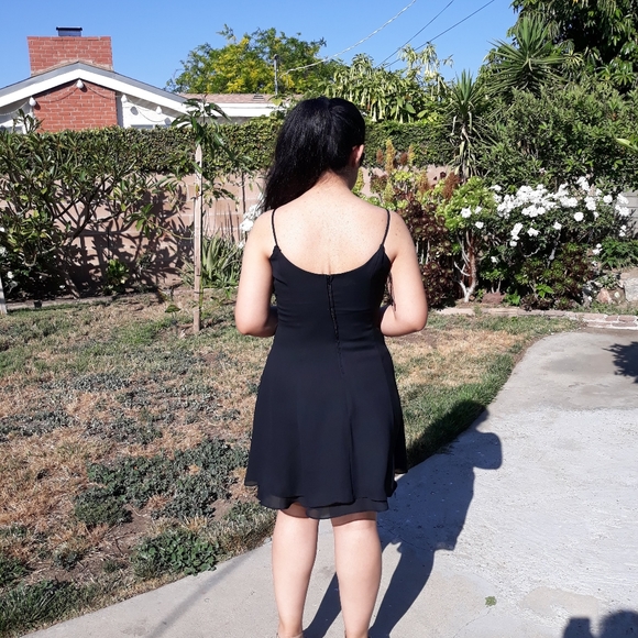 Black silky sleeveless thin strap flarey minidress - Picture 3 of 16